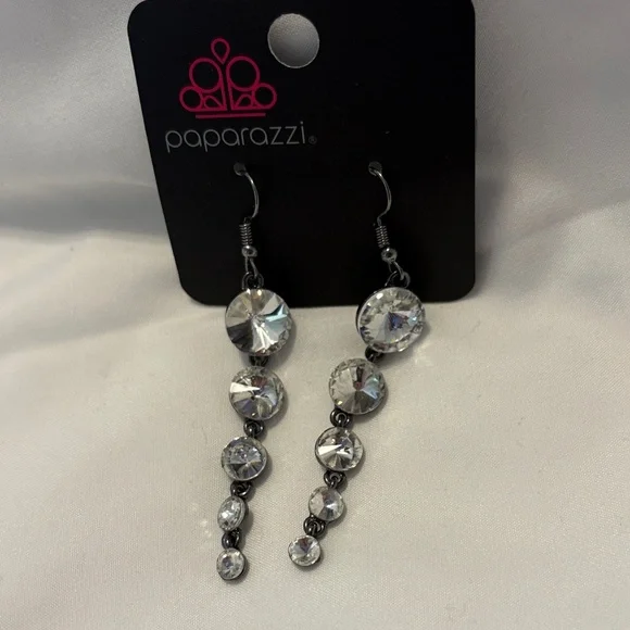 Paparazzi Silver-Tone Clear Rhinestone Linear Drop Earrings - Picture 2 of 4